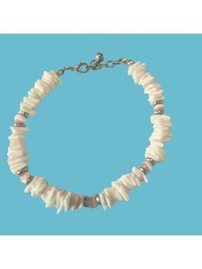 Puka Shell Ankle Bracelet Adjustable 9 to 10 Inch White Pink Tiger Eye Beads